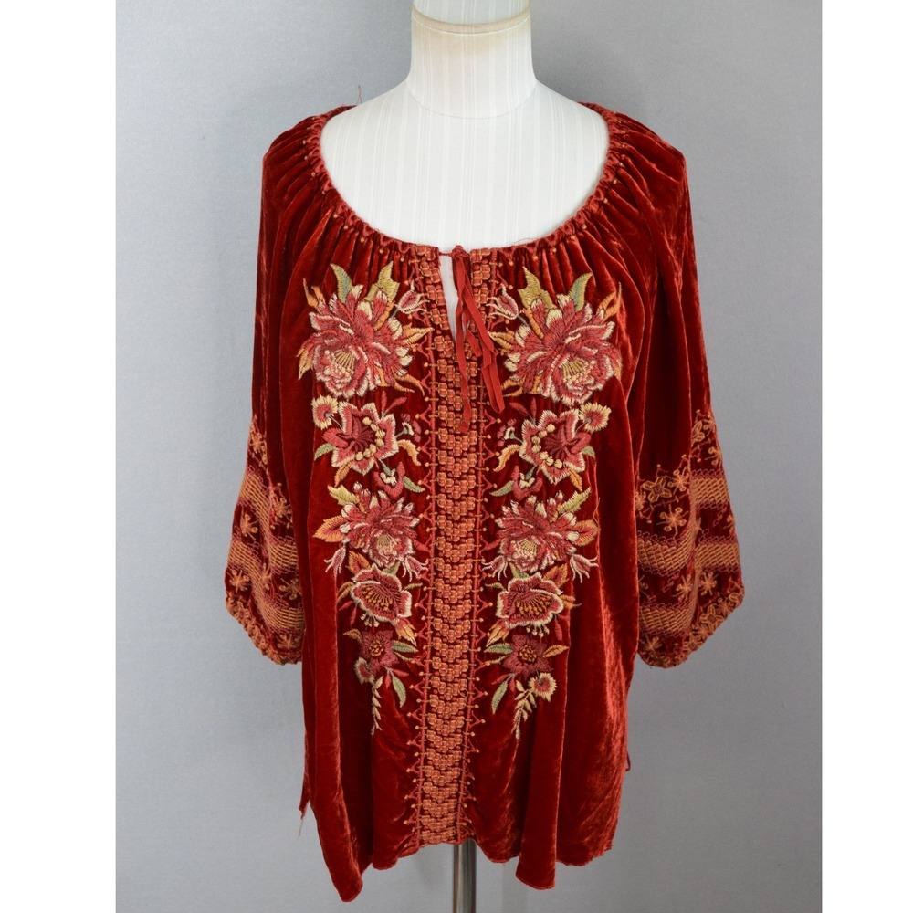 Johnny Was Tunic L Rust Velvet Embroidered Silk Blend Peasant Top Boho FLAWS